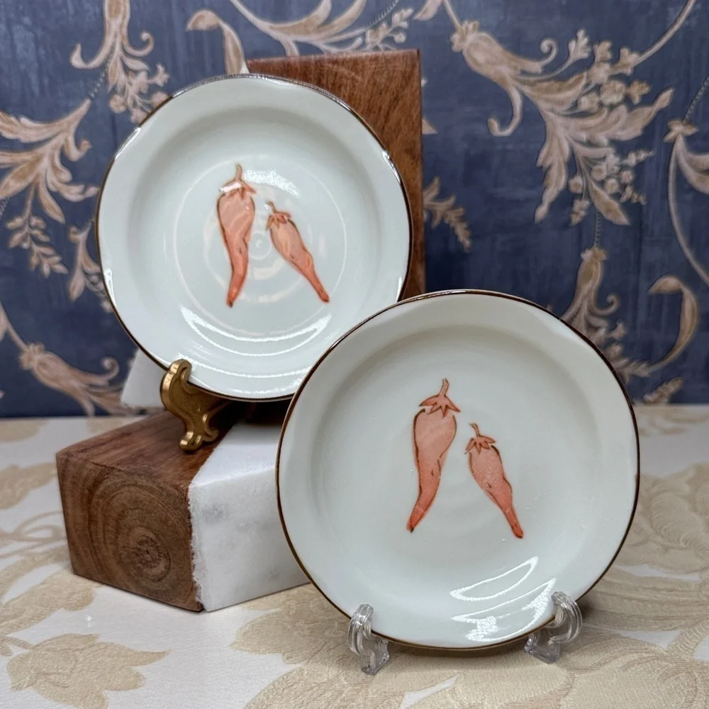 Vintage Japanese White Ceramic Plates with Chili Design